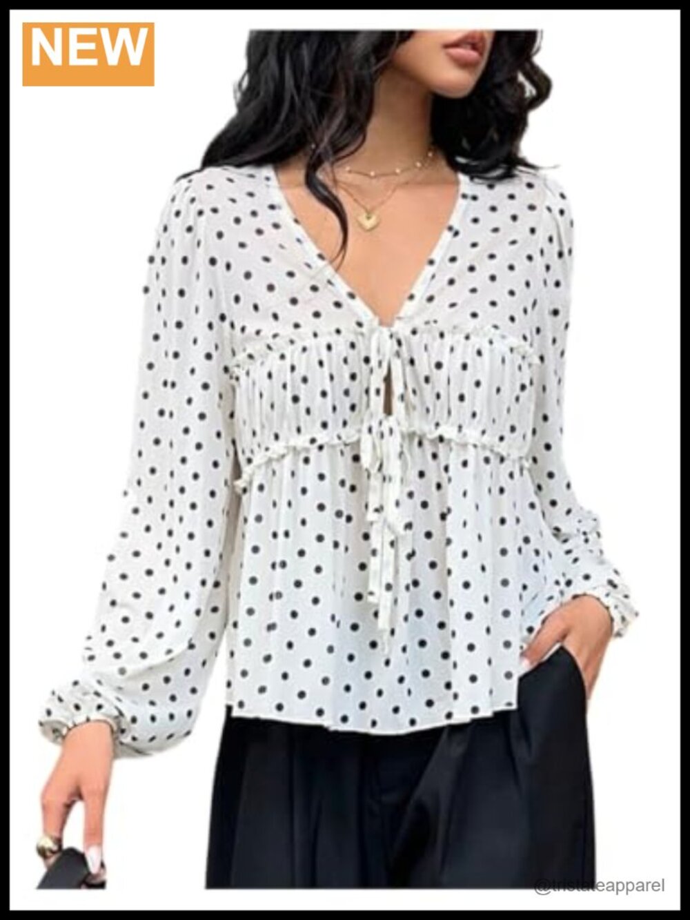 Polka Dot V Neck Tie Front Lantern Sleeve Blouse Flowy Babydoll Top